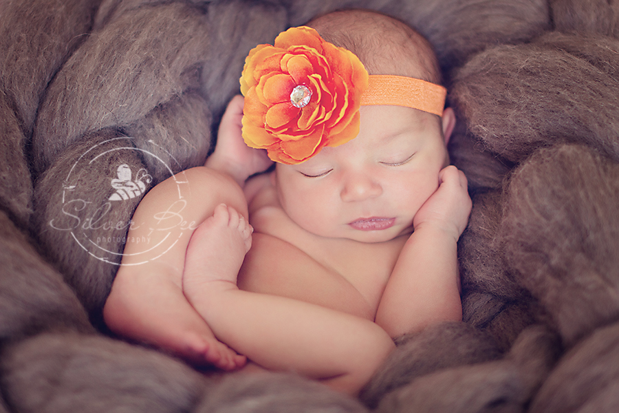 Austin Texas one week old newborn girl posing in gray plush pretzel with orange flower bow.