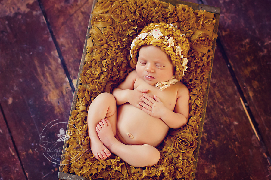 10 day old newborn girl photography session in Austin Texas with golden blanket in box on wood floor with golden head wrap.