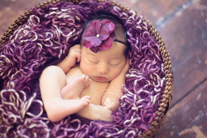 Newborn baby girl photography session with purple basket stuffer and purple bow Austin Texas.